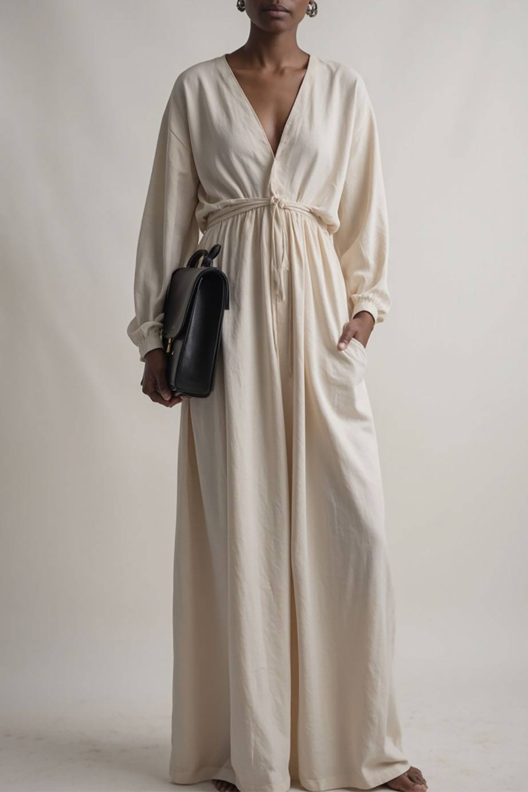 Vacation Casual Dress Linen Ivory Deep V Long Sleeve Pocketed Maxi Dre