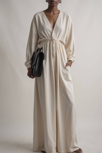 Vacation Casual Dress Linen Ivory Deep V Long Sleeve Pocketed Maxi Dress
