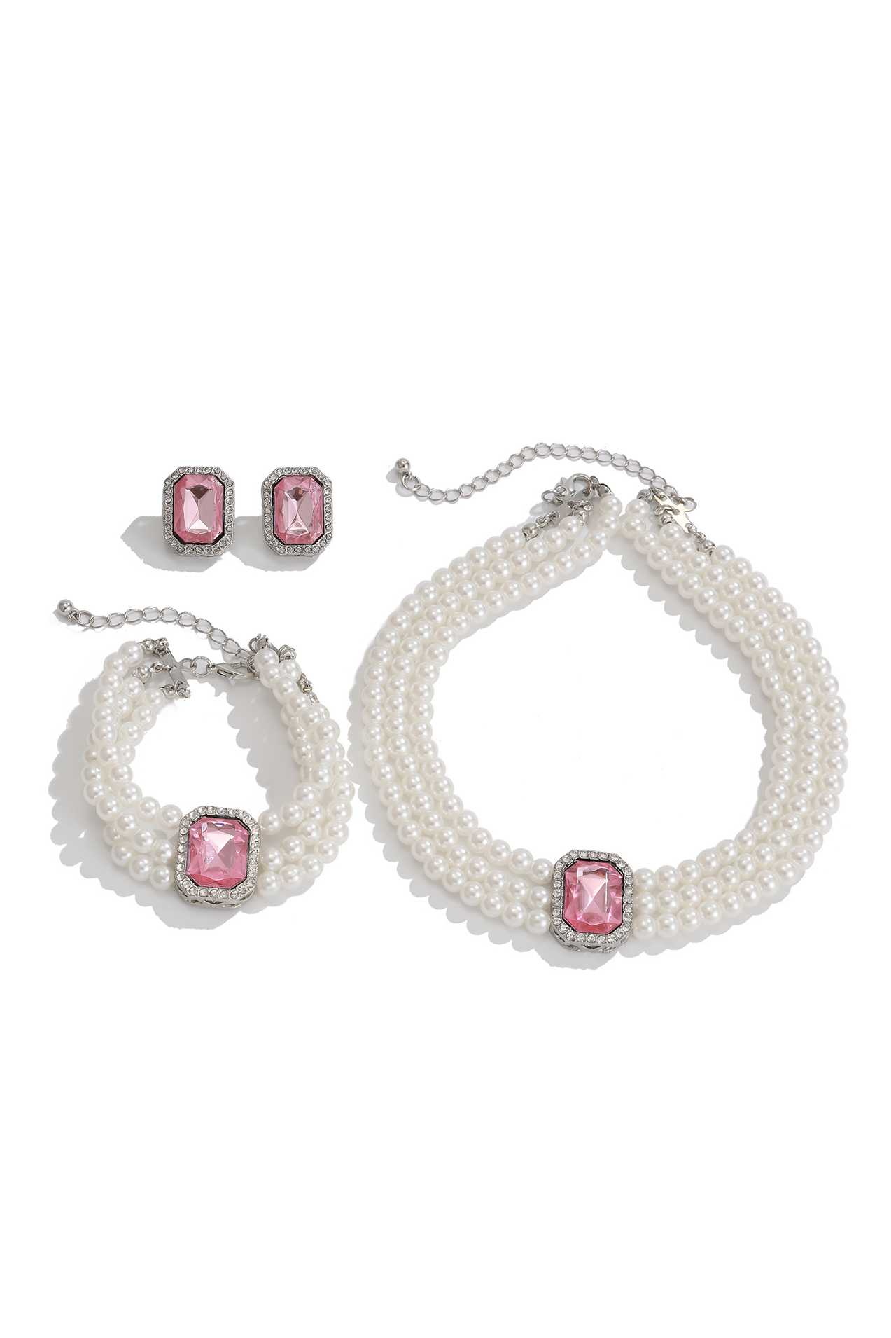 Short Three Layer Pearl Choker Necklace Turquoise Ring Bracelet Set