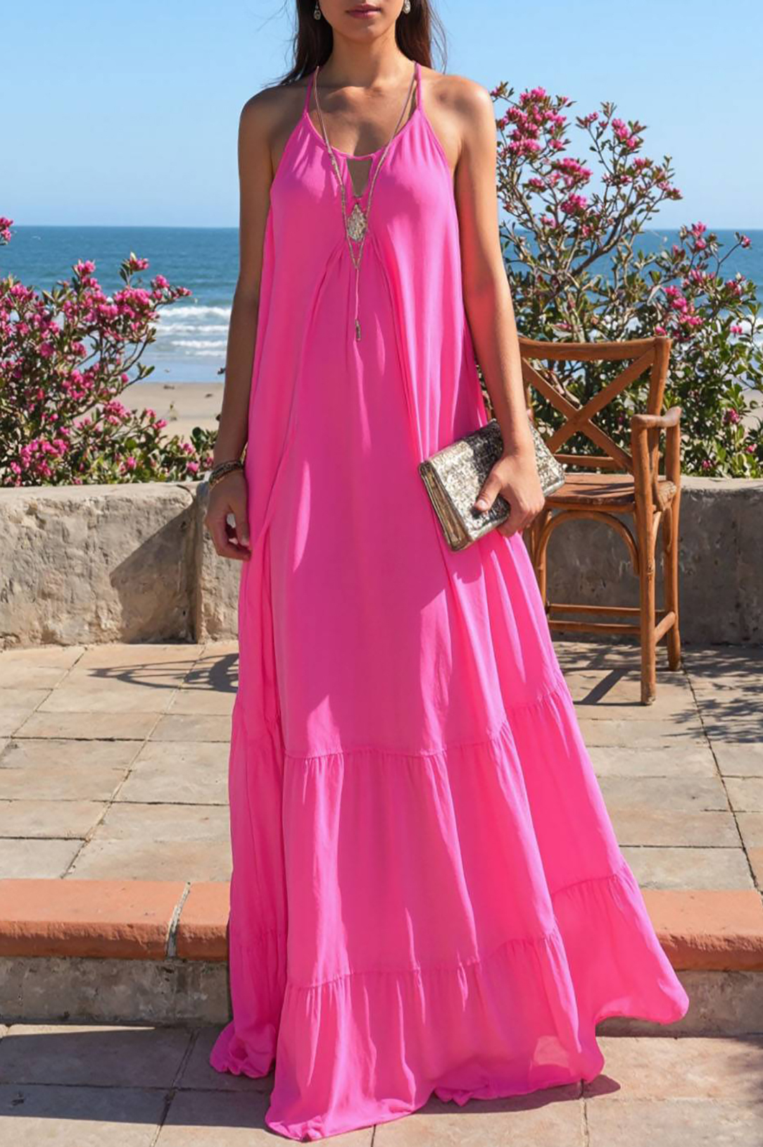 Bohemian Vacation Dress Pink Halter Neck Sleeveless Floor-Length Dress