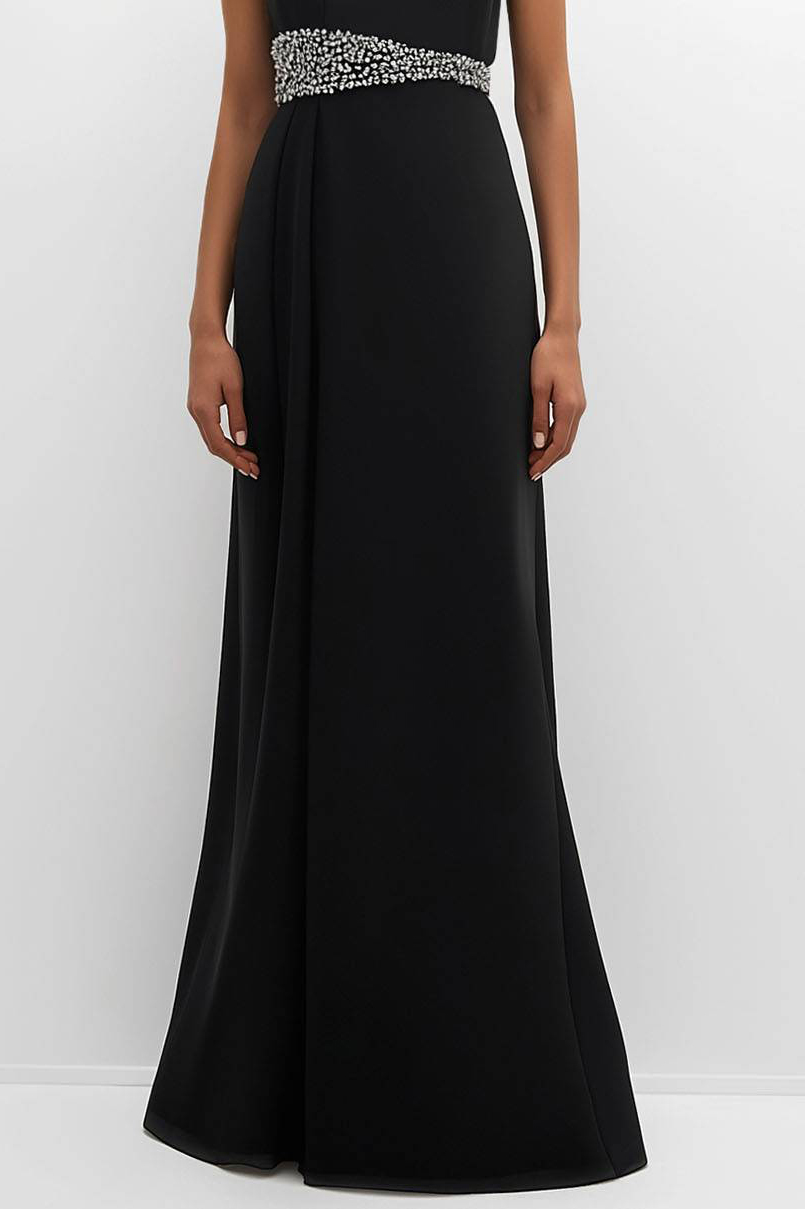 Elegant Black Evening Dress Rhinestone Belt One-Shoulder Maxi Dress