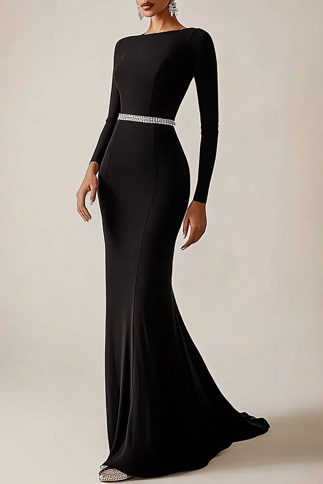 Party Formal Dress Conservative Long Sleeve Diamond Belt Slim Maxi Dress