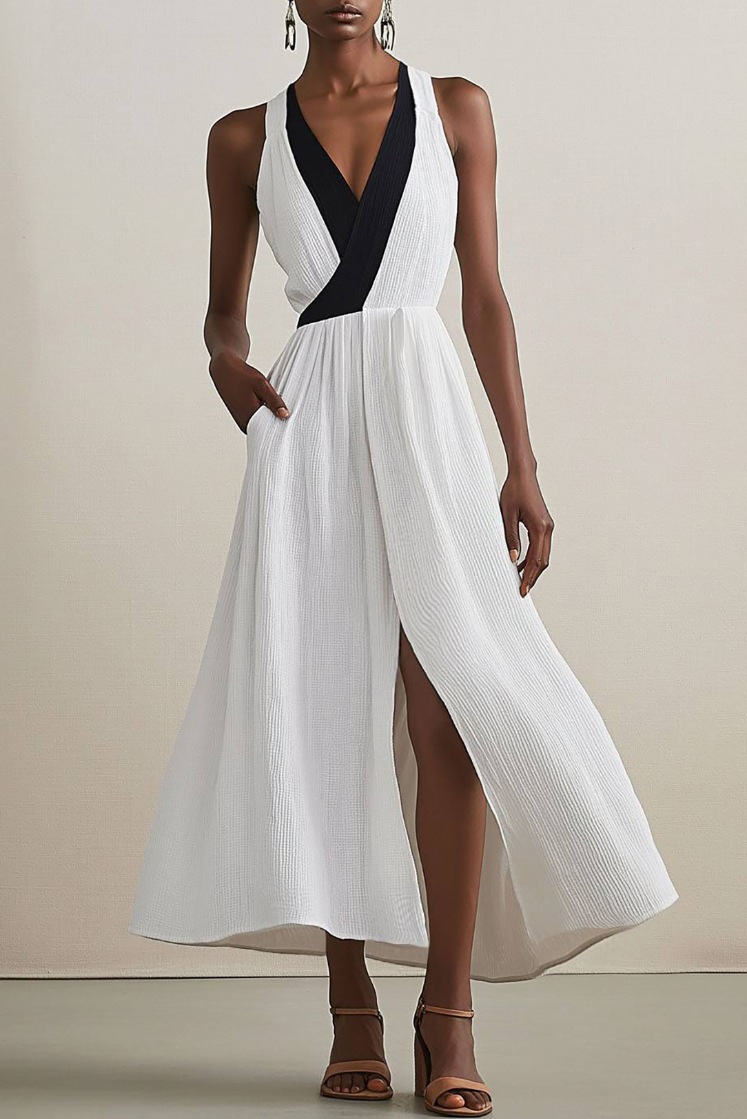 Bohemian Casual Dress Colorblock Sleeveless Linen with Pockets Slit Ma