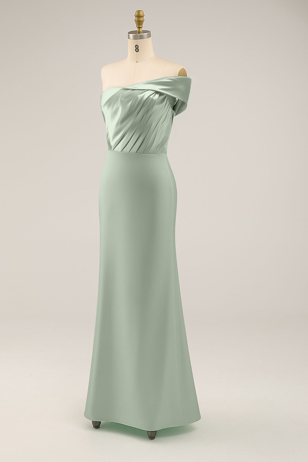 Evening Prom Sage Green Dress One Shoulder Satin Pleated Maxi Dress