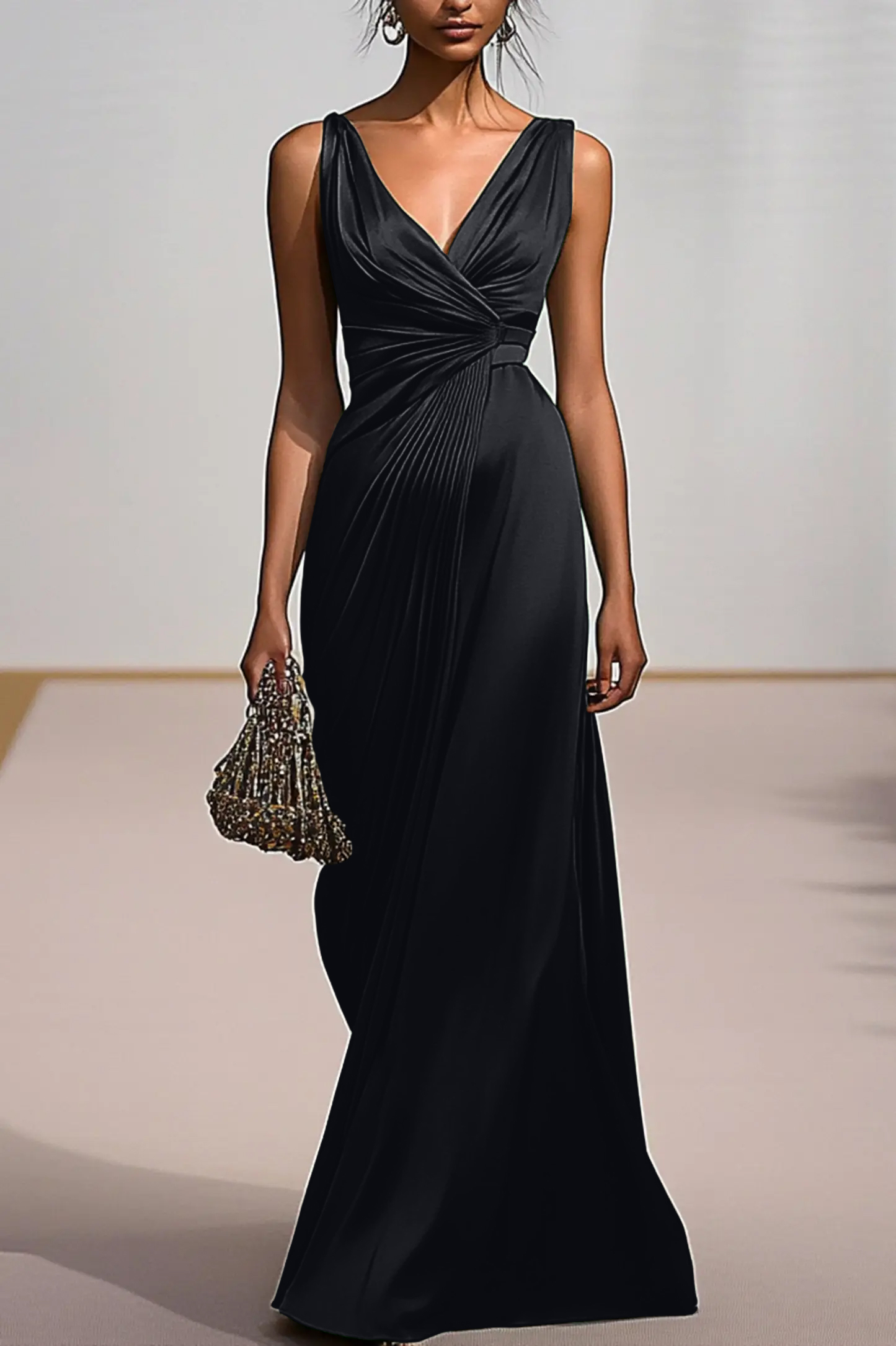 Deep V Formal Dress Green Pleating Maxi Dress