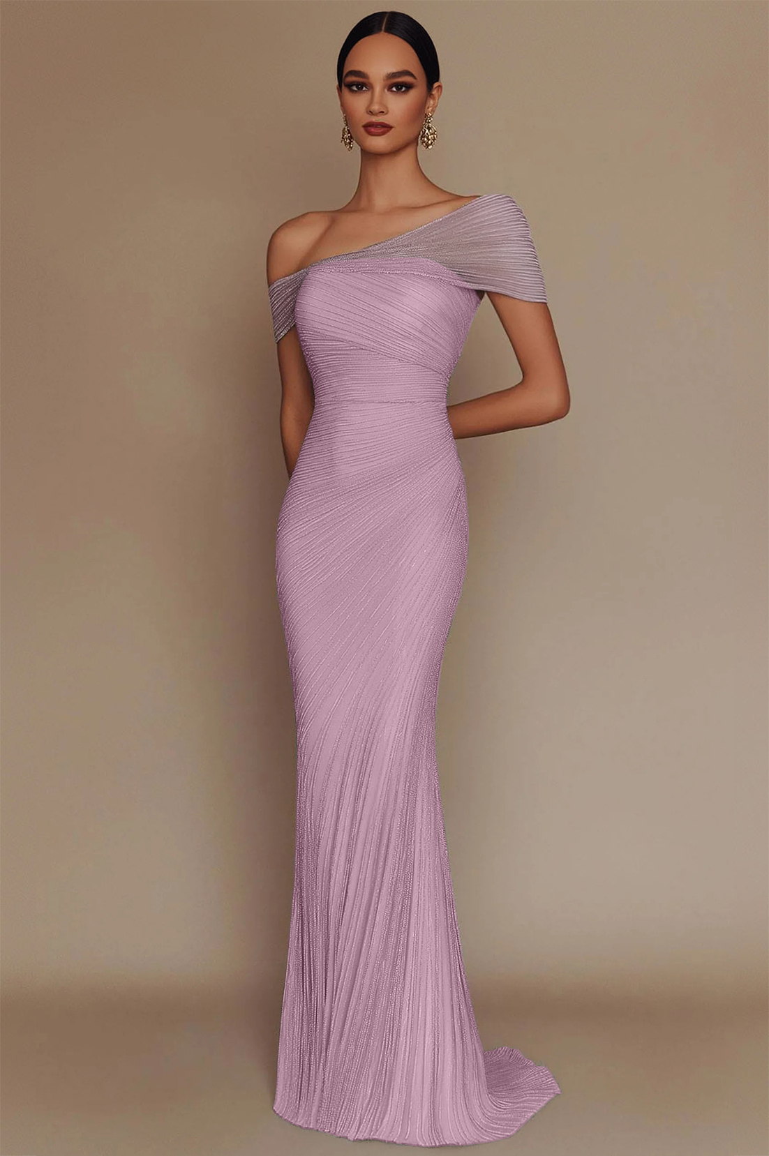 Evening Prom Light Blue Gown One Shoulder Glitter Pleated Maxi Dress