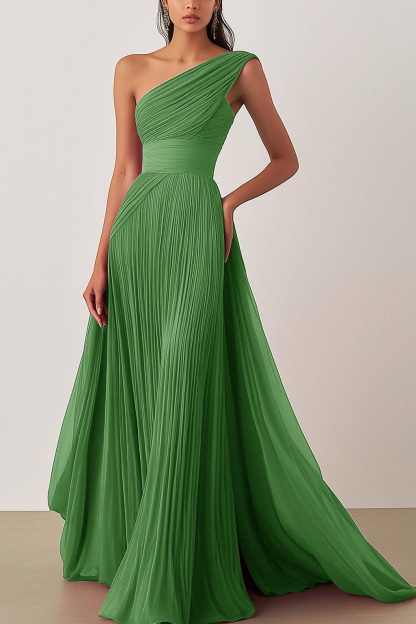 Prom Formal Pleated Dress Rose Color One-Shoulder Floor-Length Dress