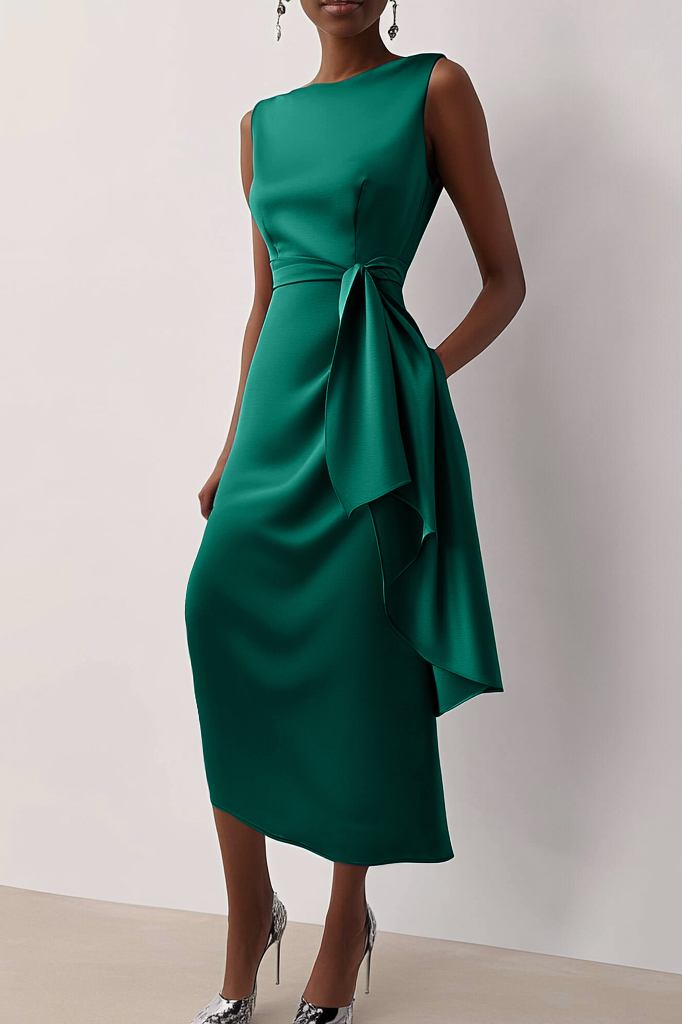 Daily Party Dress Sleeveless Purple Draped Waist Decoration Midi Dress