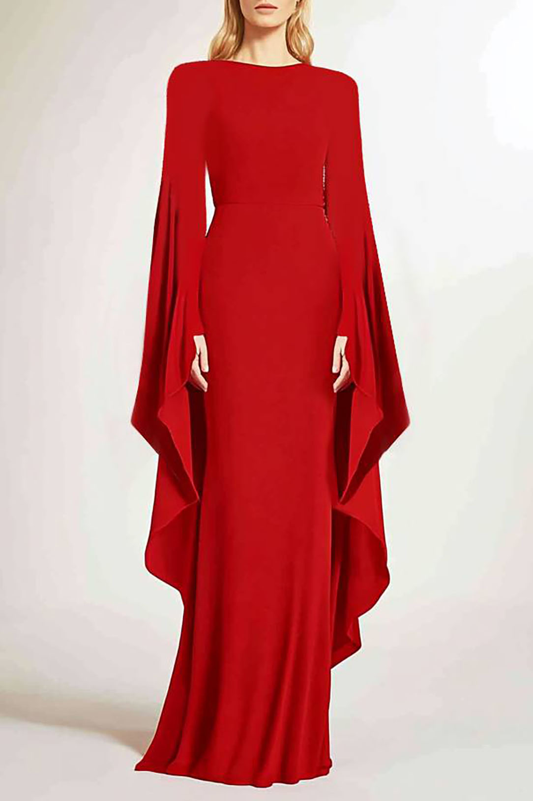Evening Red Dress Draped Long Sleeve Floor-Length Dress