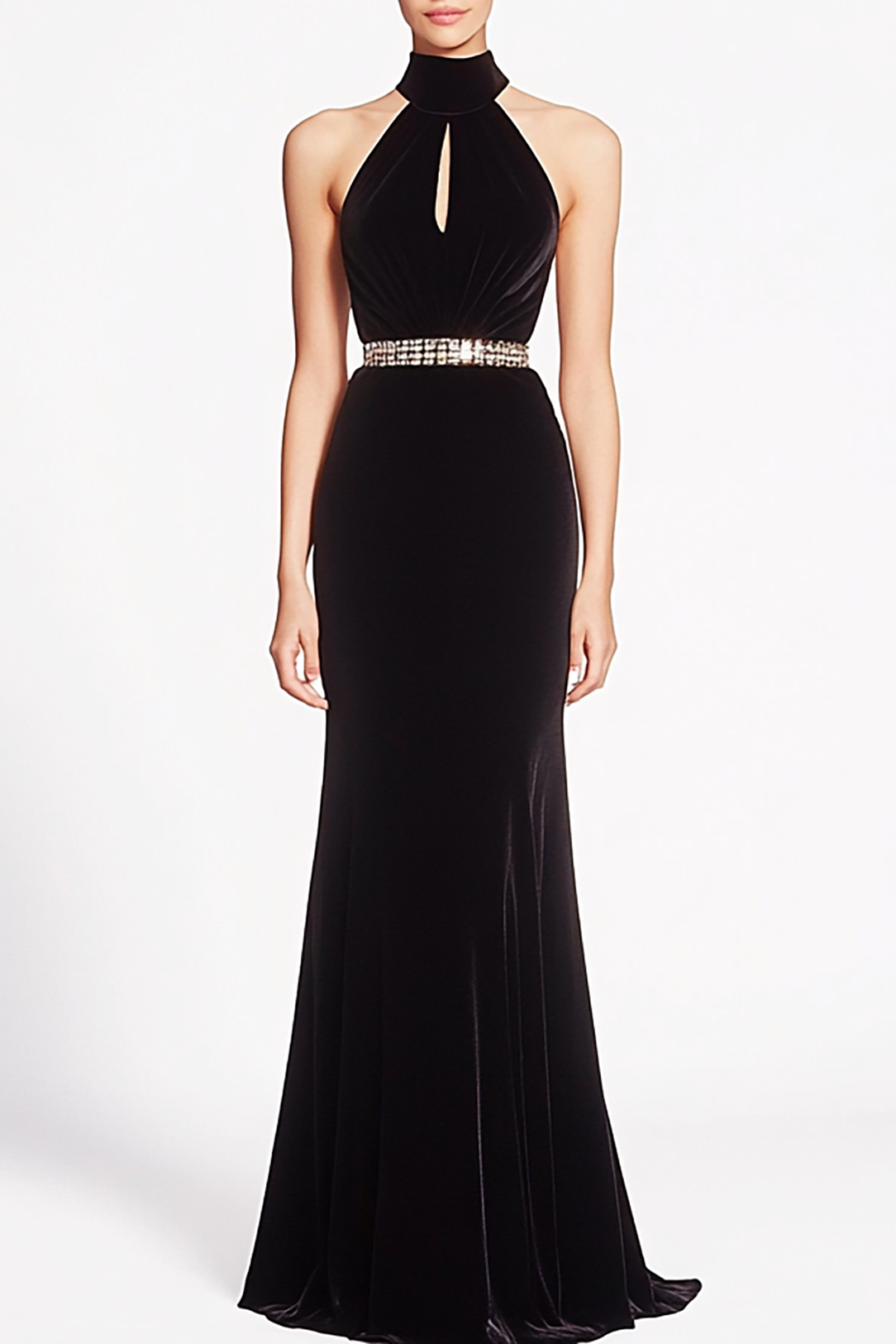 Elegant Retro Velvet Dress Halter Neck Hollow Rhinestone Belt Long Dress