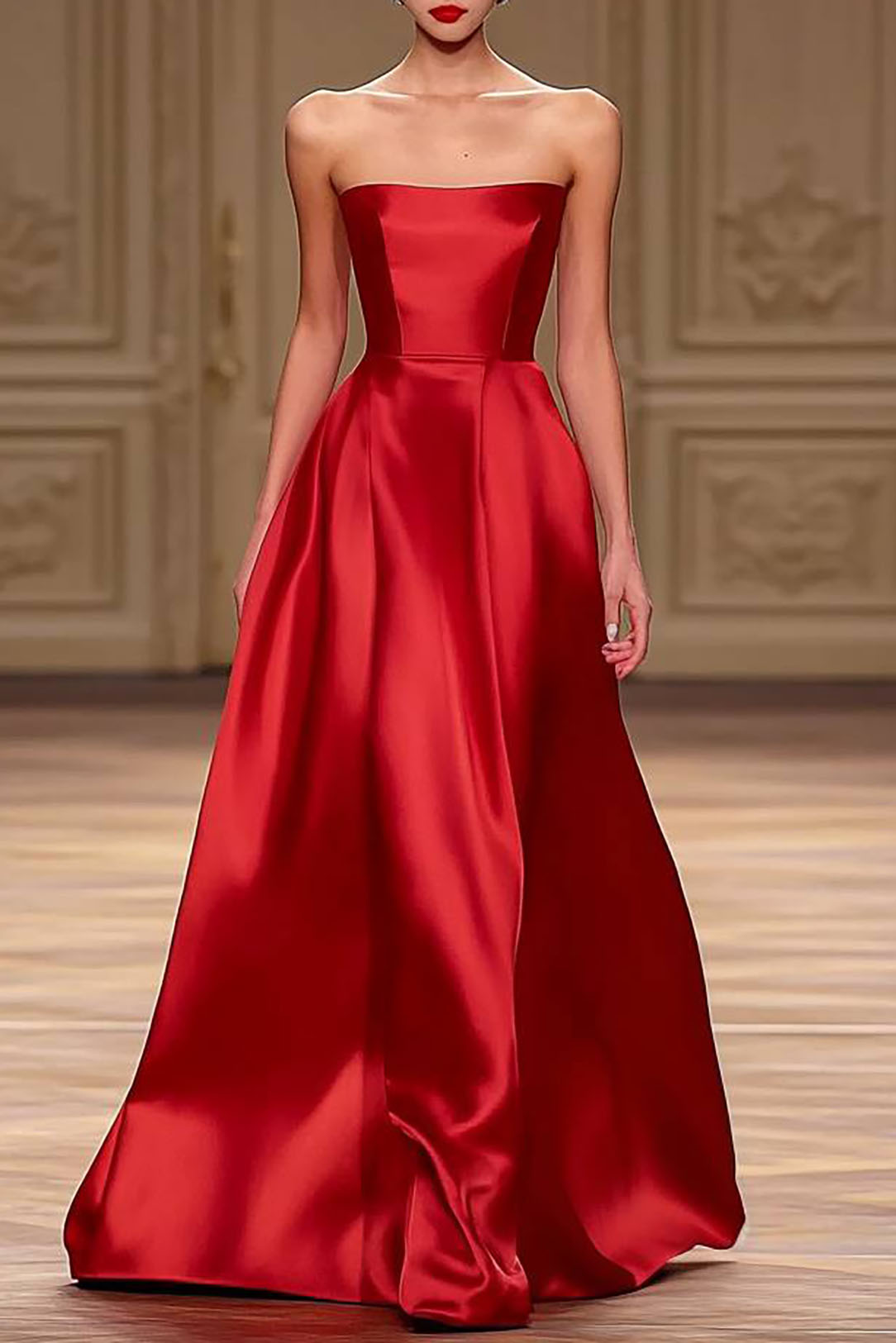 Evening Formal Red Dress Tube Top Satin Ball Gown Long Dress