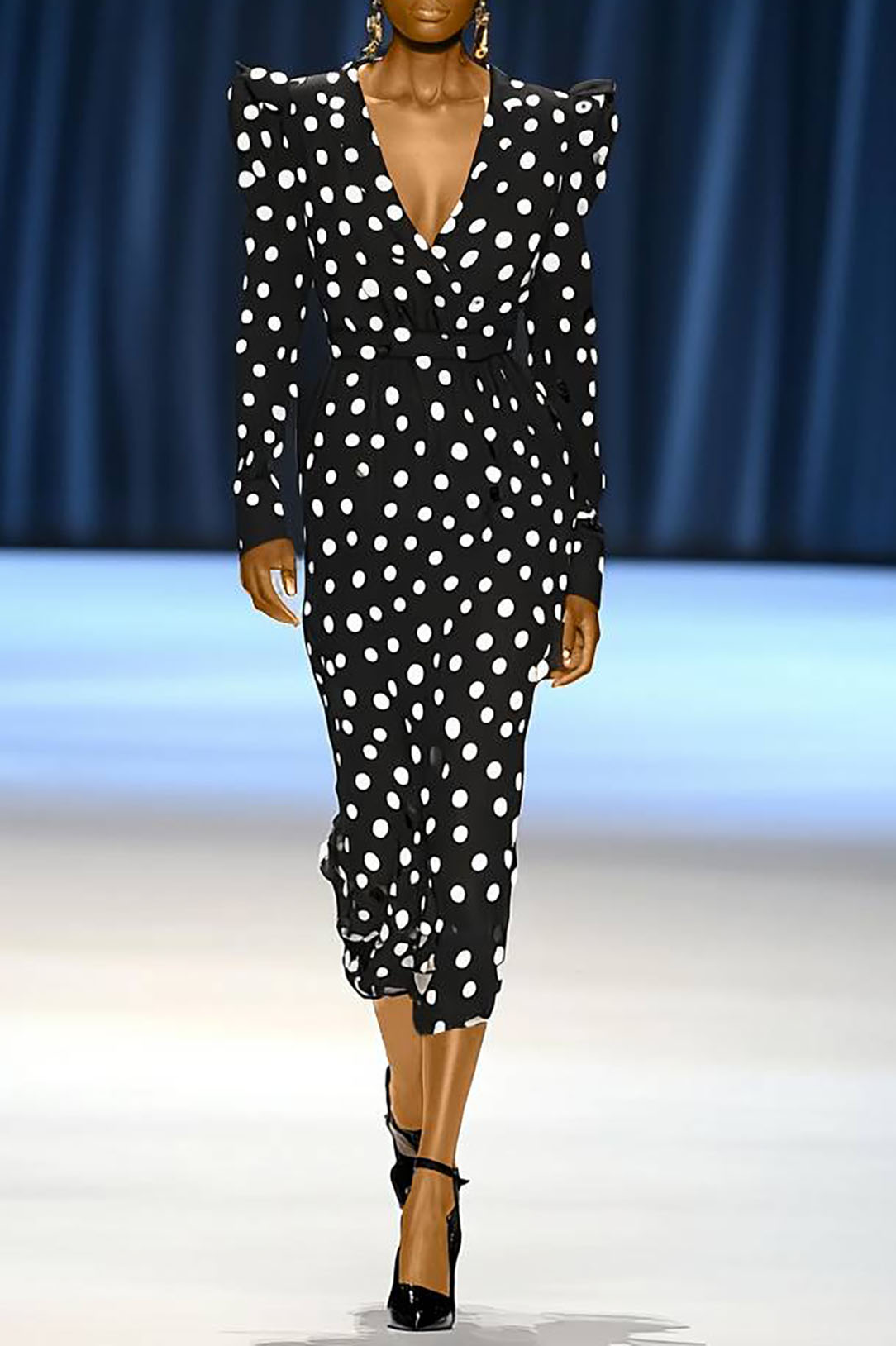 Party Dance Polka Dot Dress Deep V Long Sleeve Padded Shoulder Midi Dress