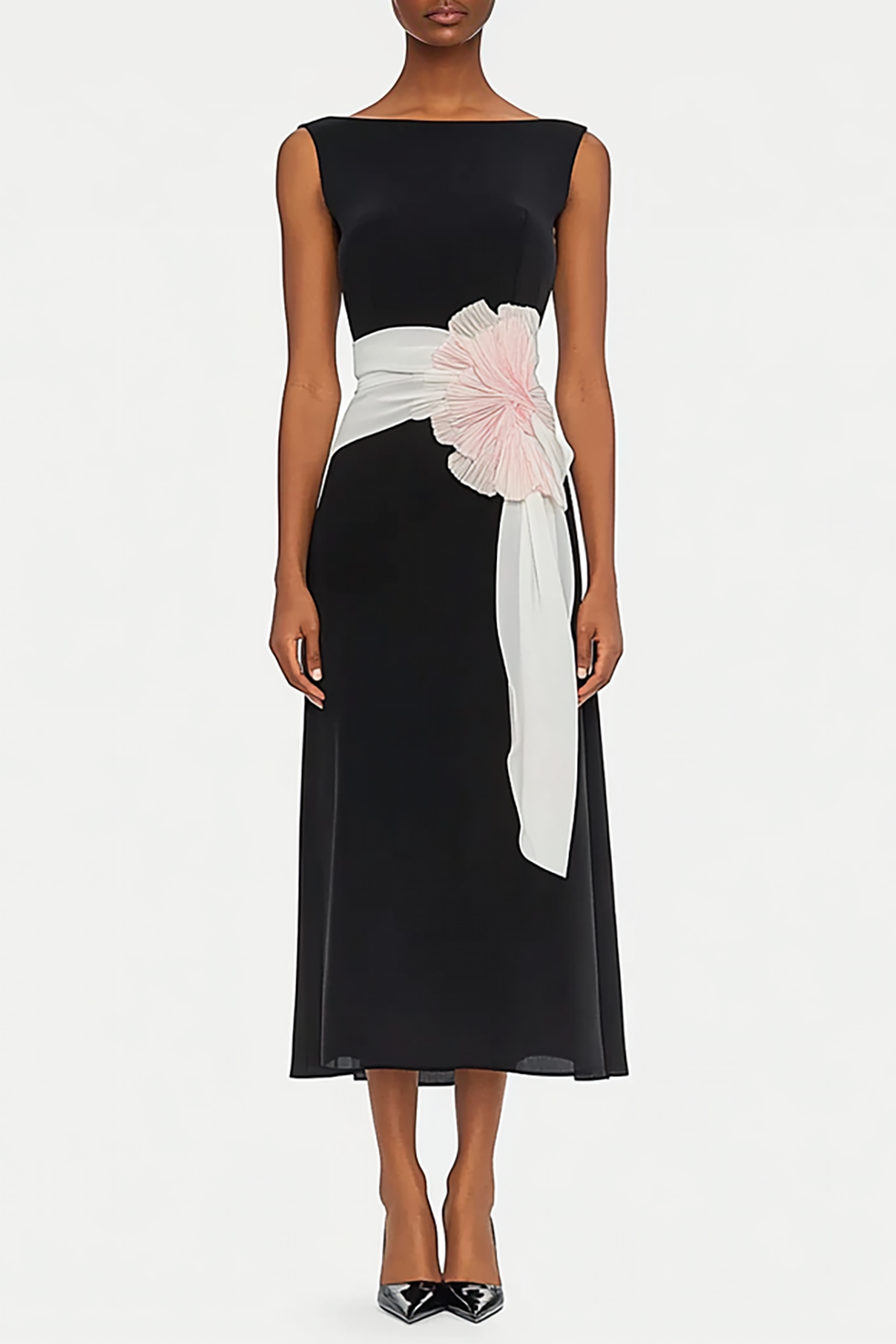 Formal Work Party Boat Neck Royal Blue Sleeveless Belted Slit Midi Dre