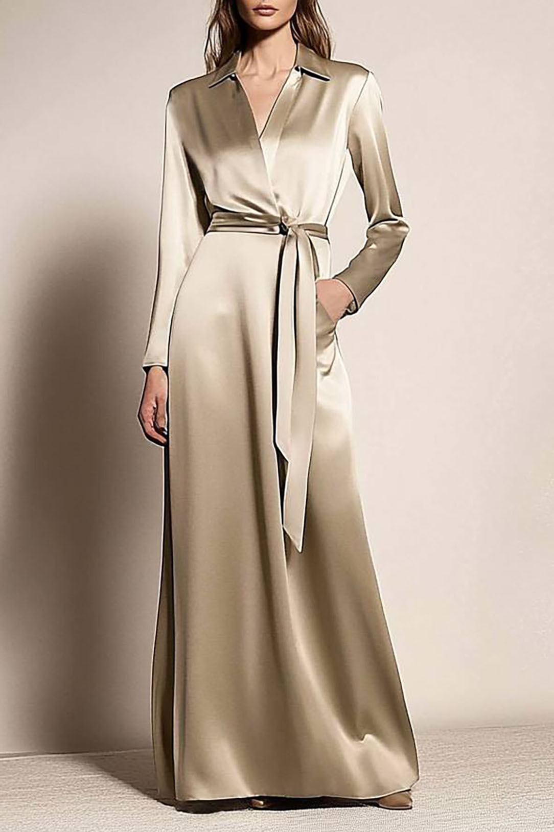 Champagne satin party cocktail shirt dress V neck