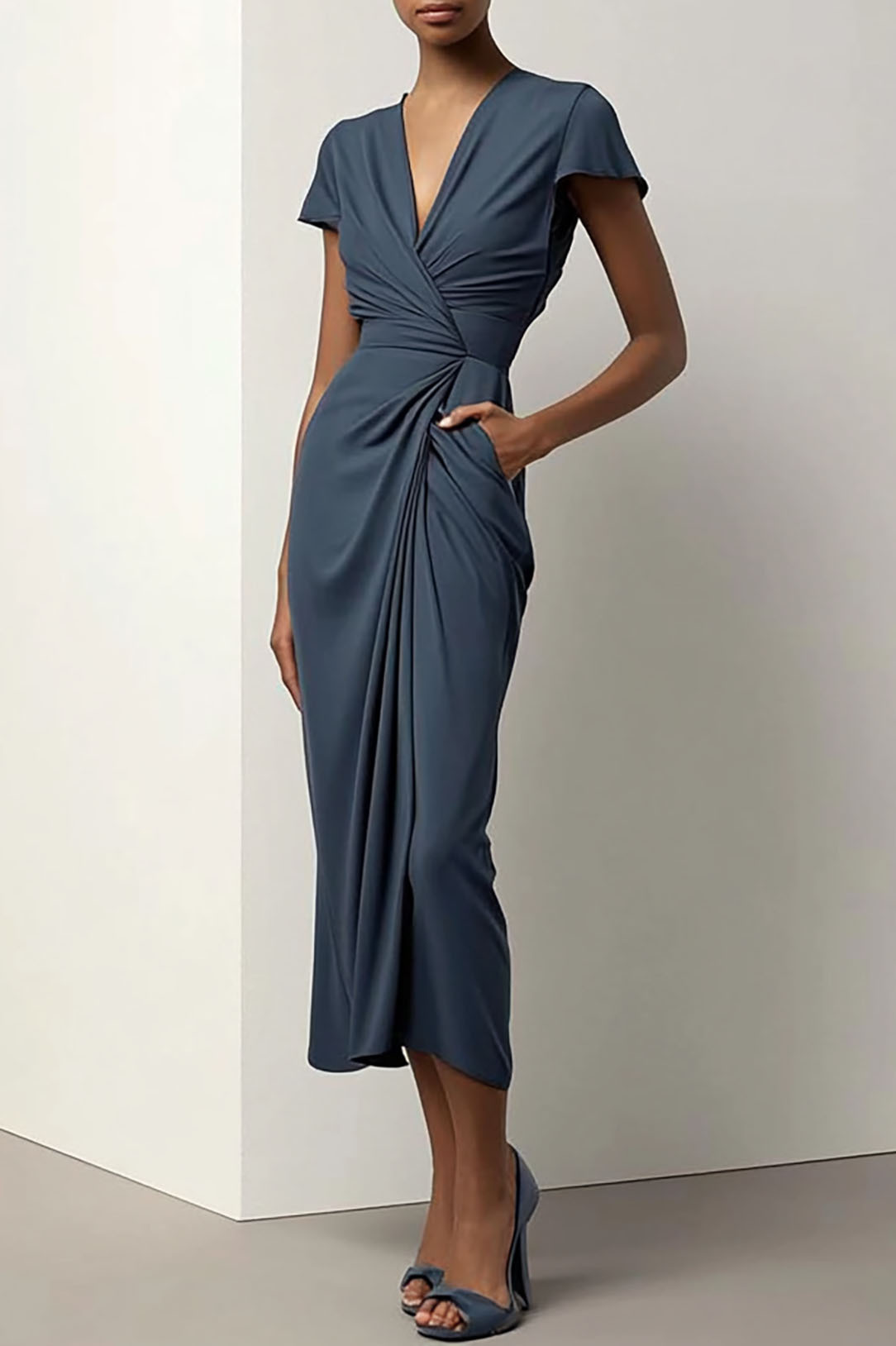 Formal Work Party Boat Neck Royal Blue Sleeveless Belted Slit Midi Dre