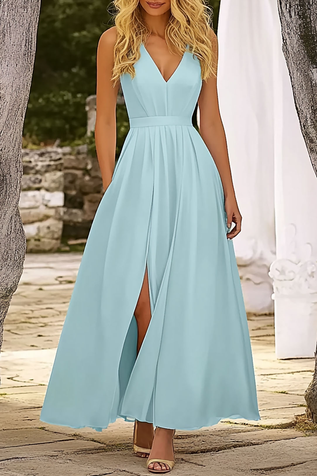 Vacation Wedding Guests Dress Deep V-Neck Sleeveless High Slit Maxi Dress