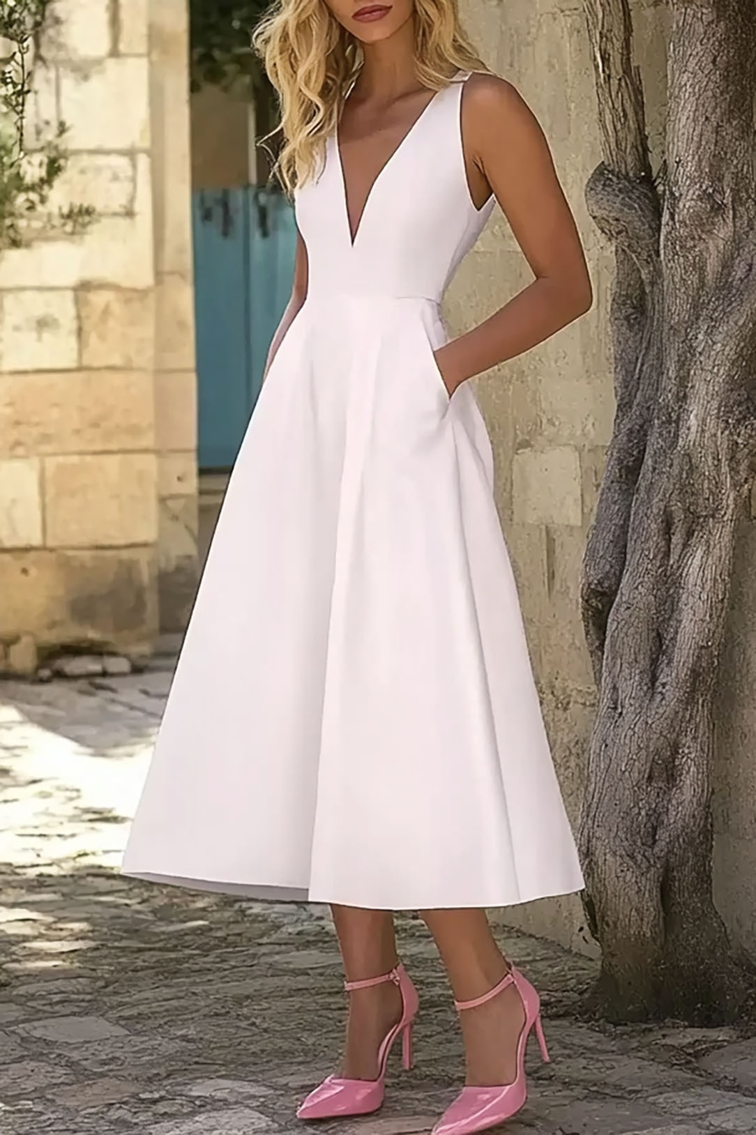 Formal Work Party Boat Neck Royal Blue Sleeveless Belted Slit Midi Dre