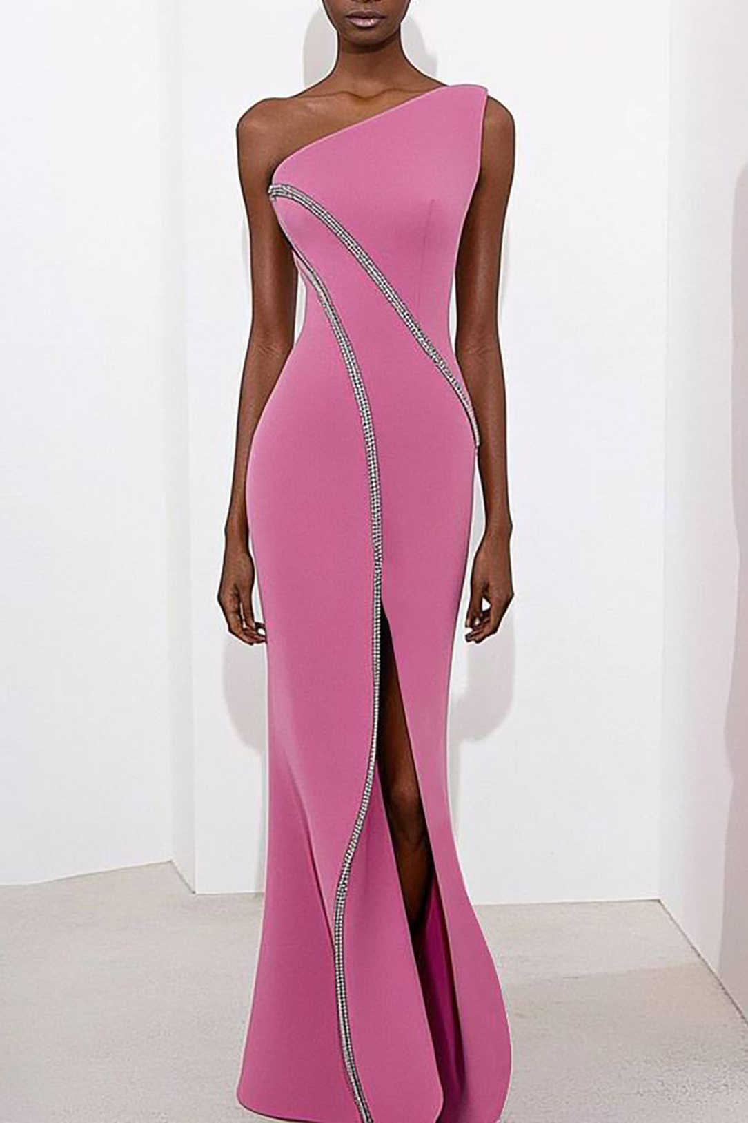 Evening Party Dress One Shoulder Rhinestone Line Decoration High Slit Maxi Dress
