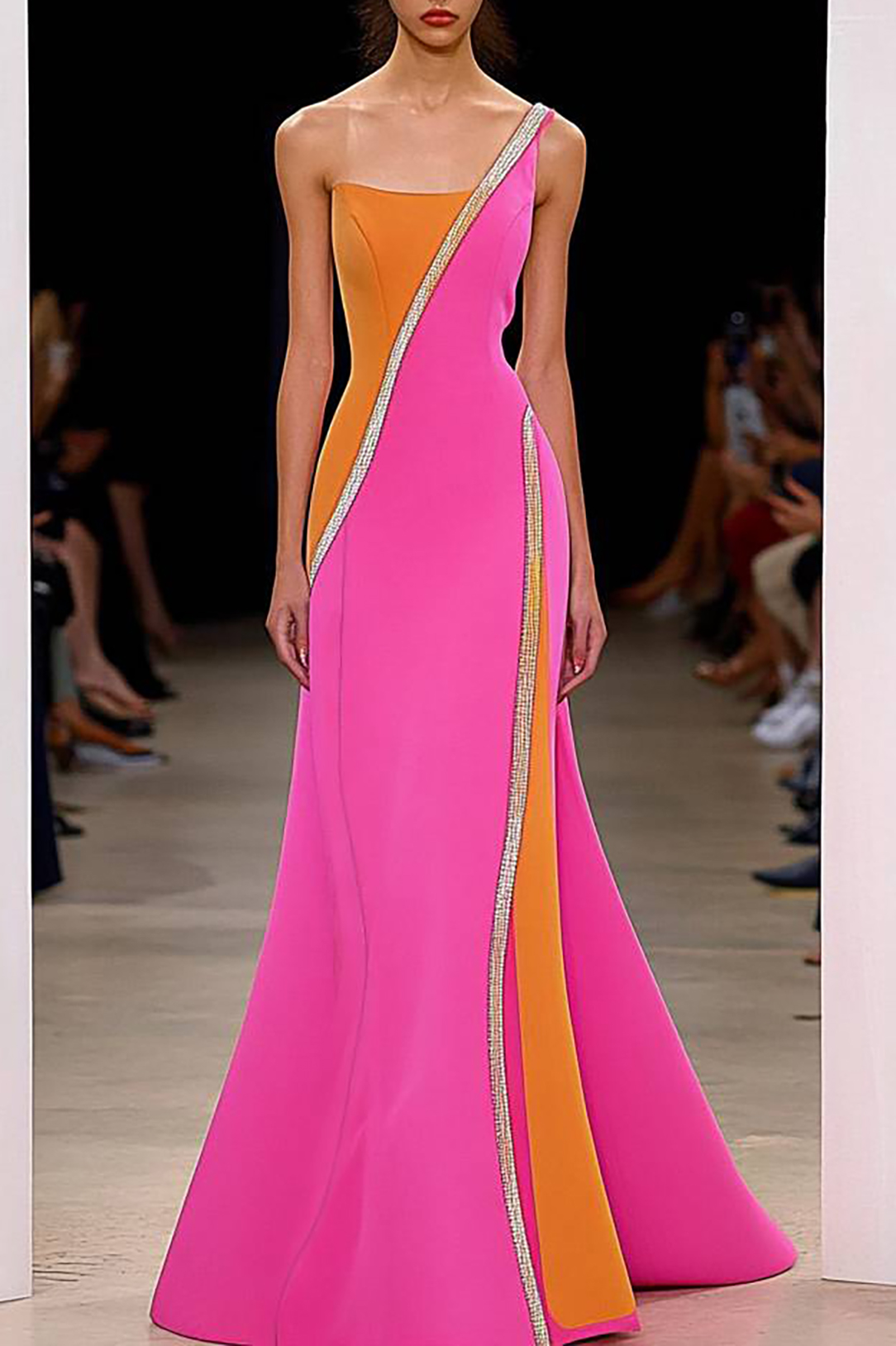 Evening Party Dress One Shoulder lines Color-Block Mermaid Maxi Dress