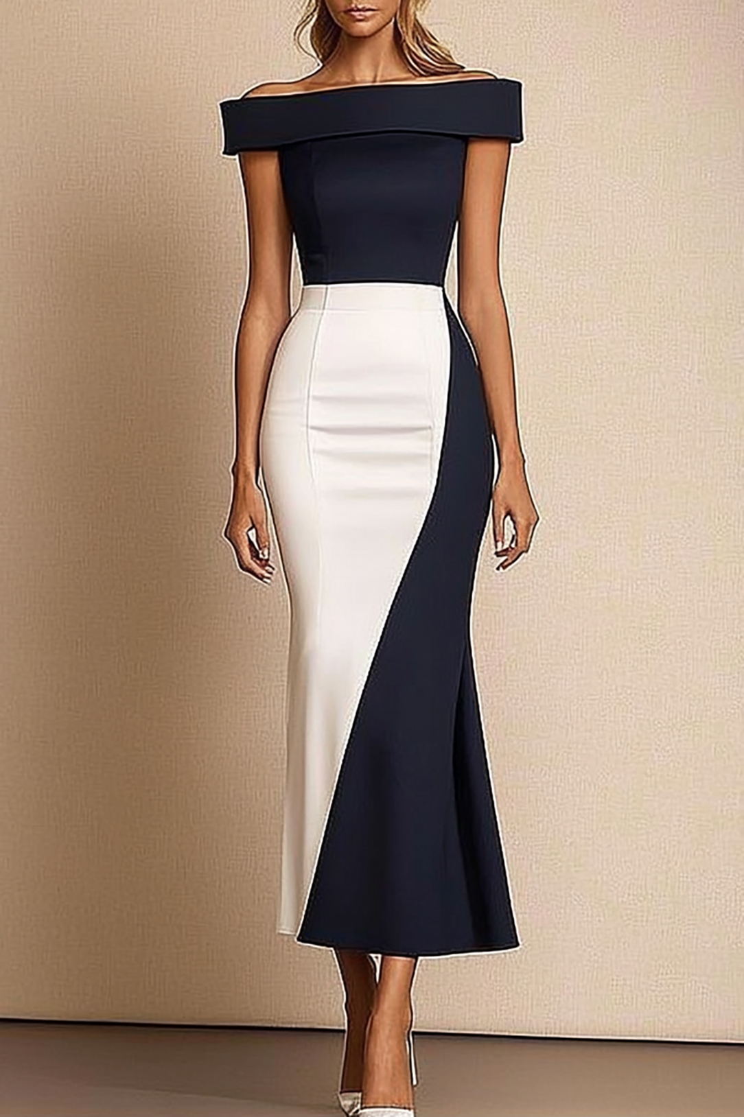 Formal Work Party Boat Neck Royal Blue Sleeveless Belted Slit Midi Dre