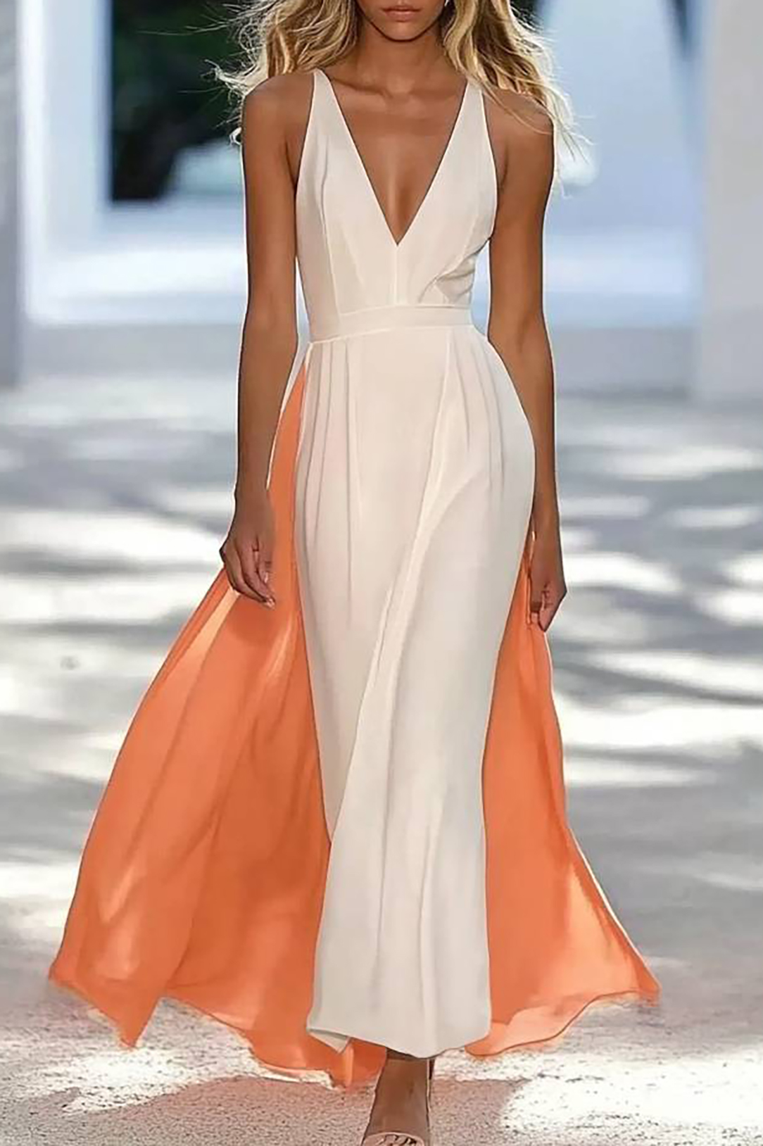 Prom Party Dress Color-block Deep V-Neck Suspender Train Long Dress