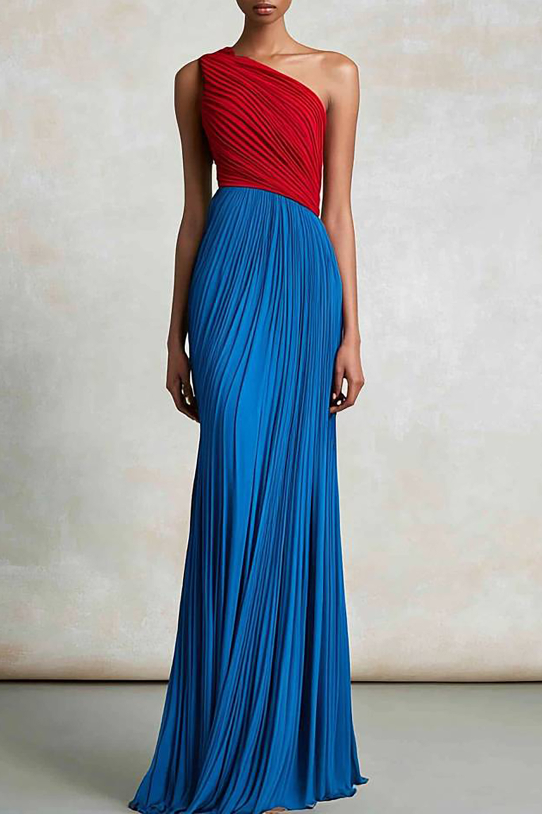 Prom Party Pleated Dress One-Shoulder Red and Blue Colorblock Maxi Dress