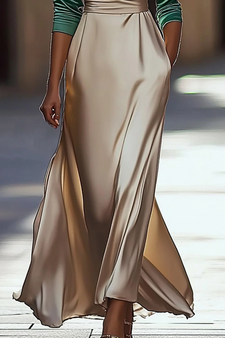 Elegant Cathedral Work Maxi Dress V-Neck Long Train Latin Green Beige Dress
