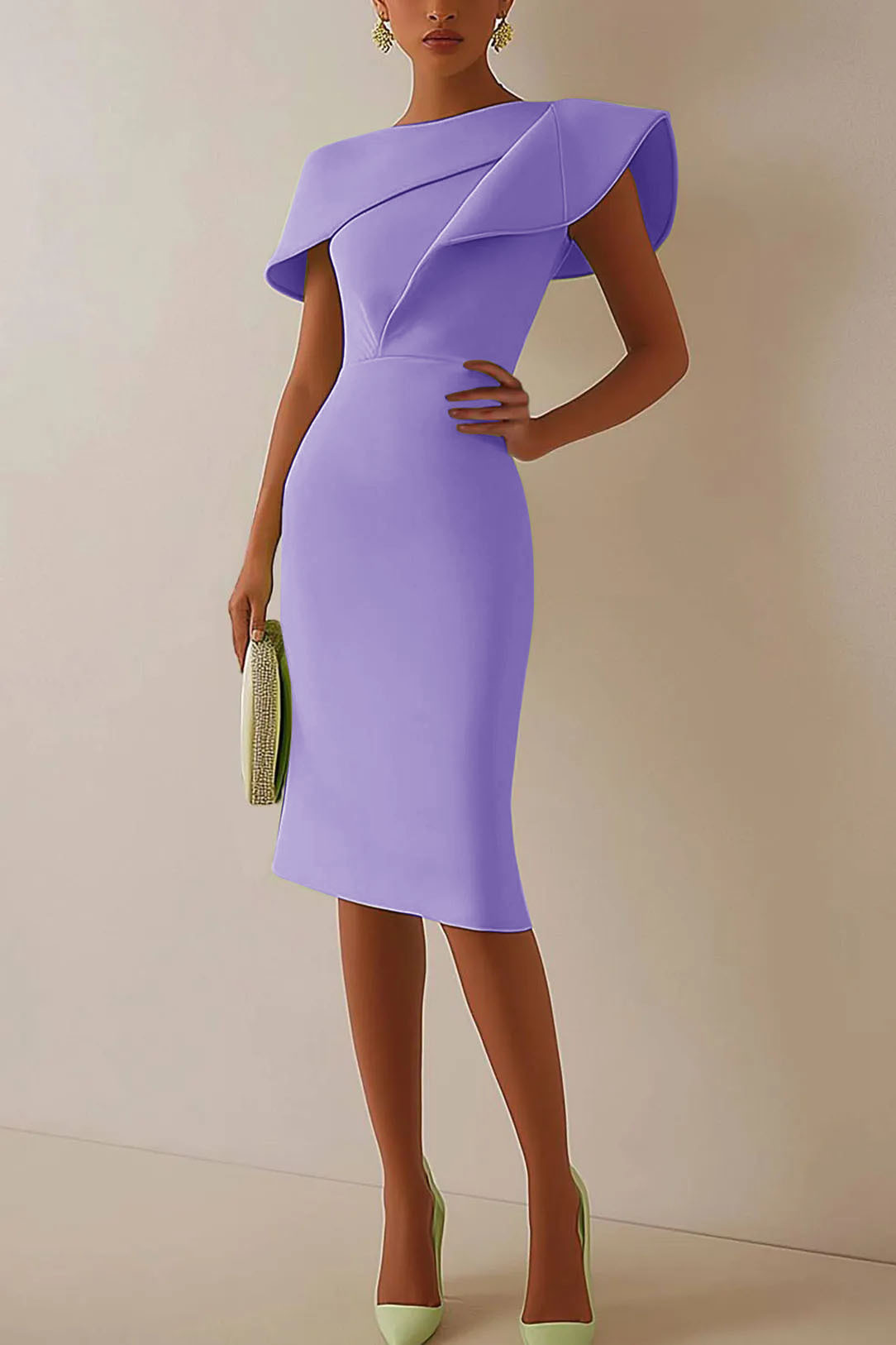 Daily Sage Green Dress Lotus Leaf Sleeve Asymmetrical Layered Bodycon Midi Dress