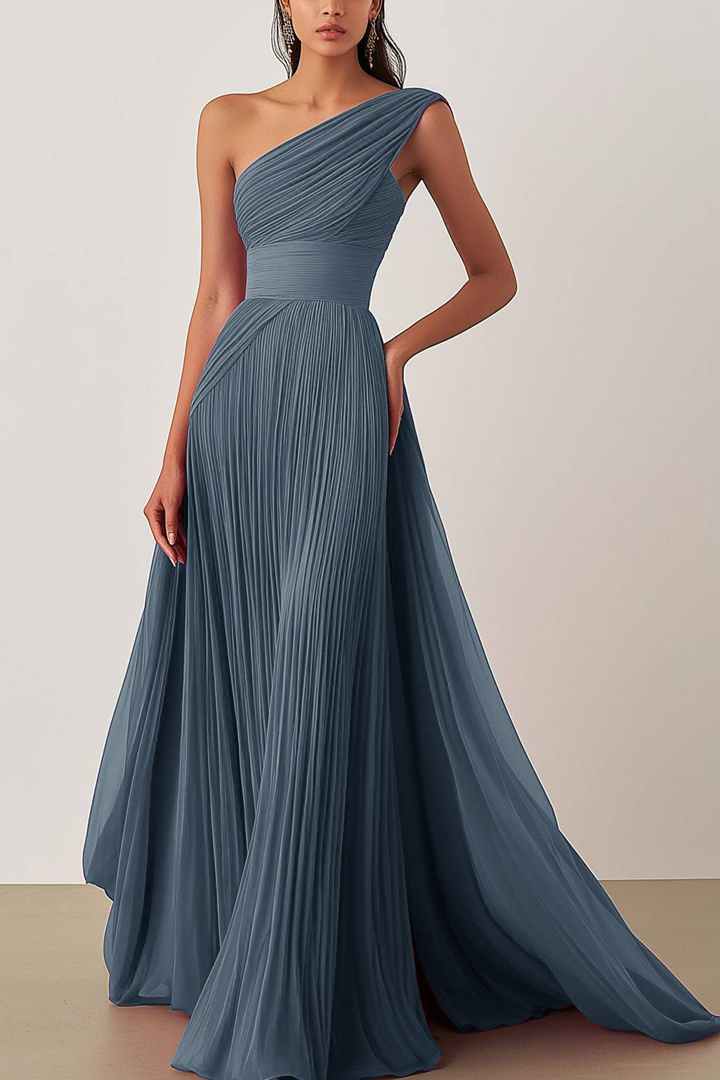 Prom Formal Pleated Dress Rose Color One-Shoulder Floor-Length Dress