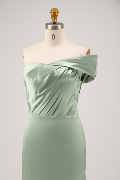 Evening Prom Sage Green Dress One Shoulder Satin Pleated Maxi Dress
