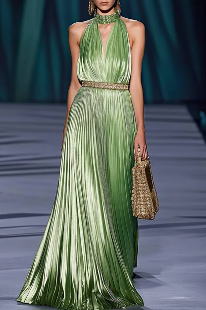 Party Prom Dress Sleeveless Halter Neck V-Neck Belted Pleated Maxi Dress