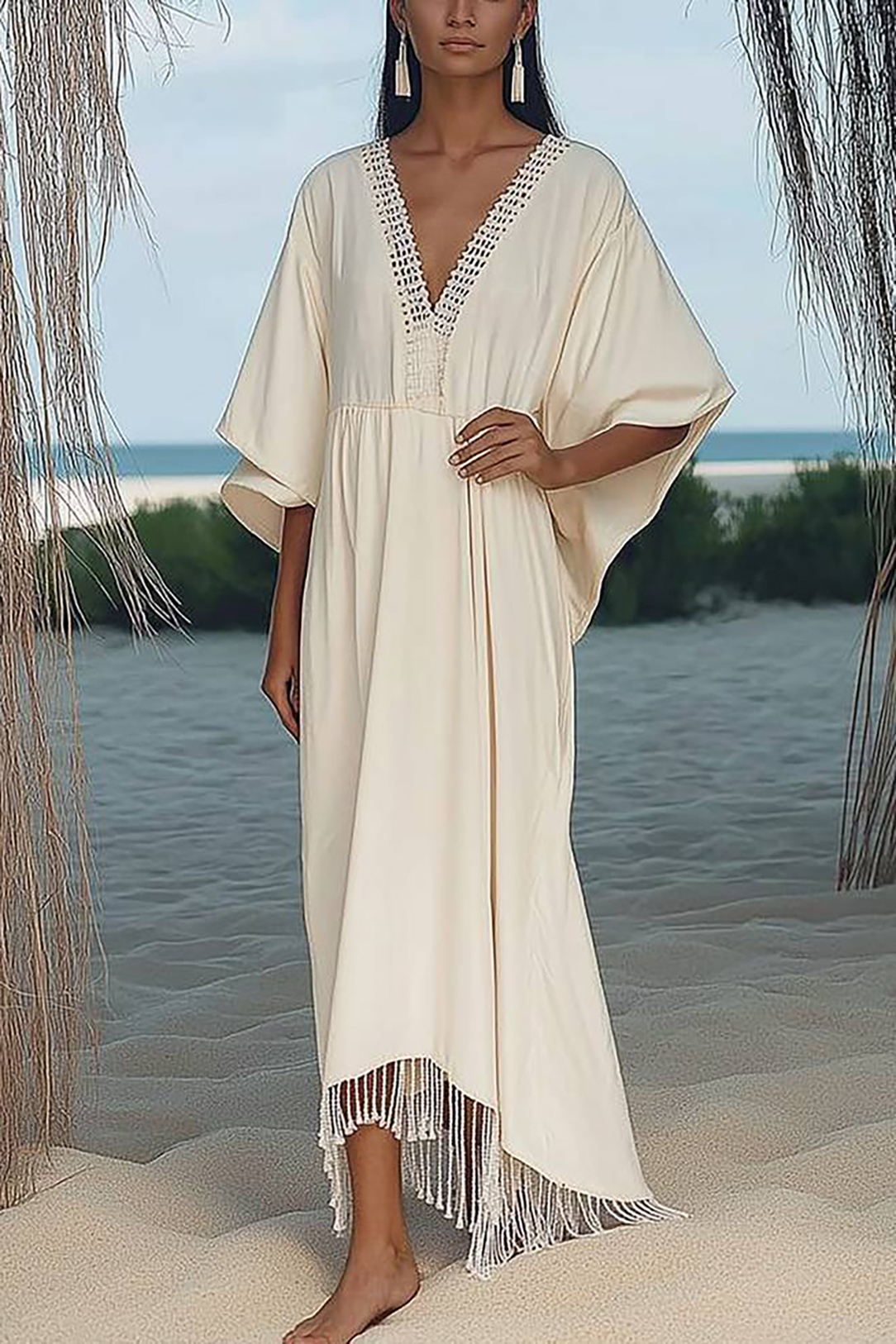 Beach Vacation Dress Beige Deep V Lace Trim Tassel Loose Maxi Dress