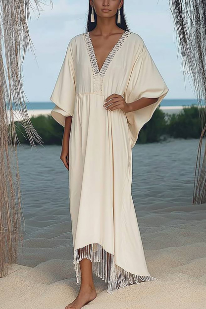 Beach Vacation Dress Beige Deep V Lace Trim Tassel Loose Maxi Dress