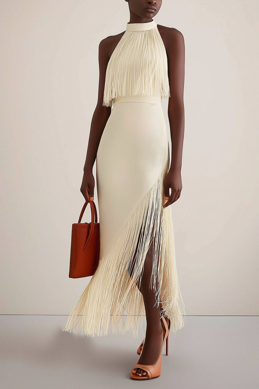 Model wearing a halter neck dress with fringe details, ideal for cocktail parties and night events, showing elegant movement.