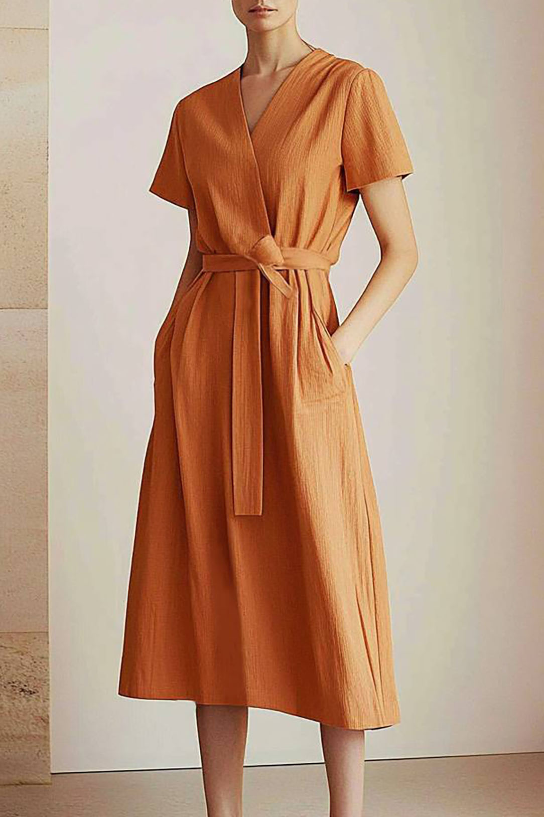 Casual Linen Dress Orange Cross-Over Tie Waist Pocketed Midi Dress