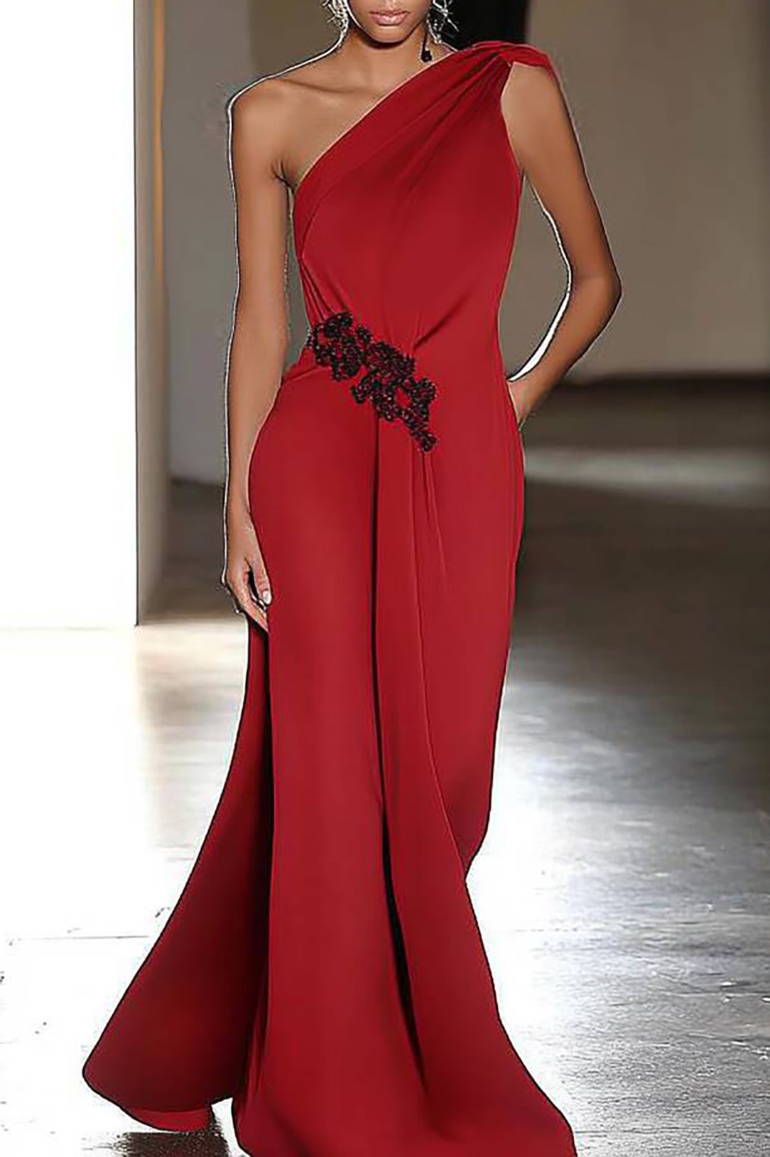Formal Evening One-Shoulder Waist Decoration Fitted Maxi Dress-chiclody