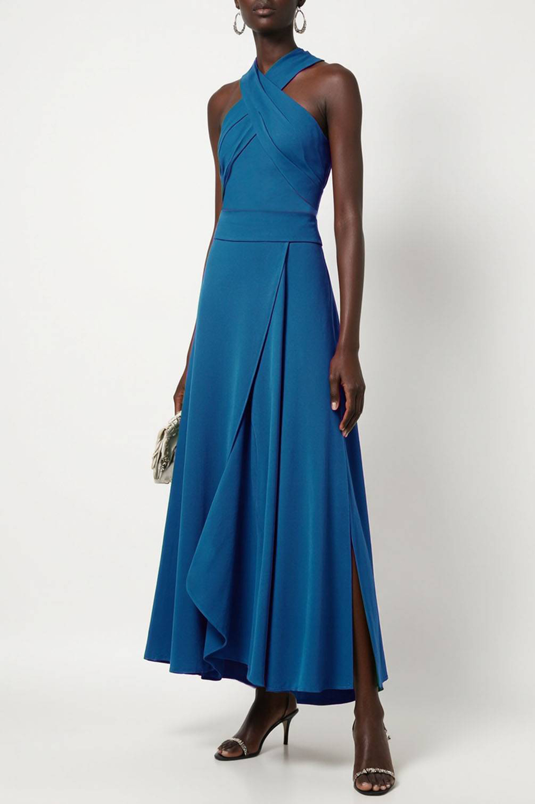 Formal Work Party Boat Neck Royal Blue Sleeveless Belted Slit Midi Dre