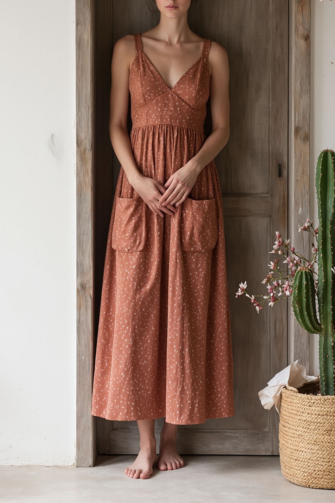 Casual Vacation Dress Light Brown Strappy Floral with Pockets Maxi Dress