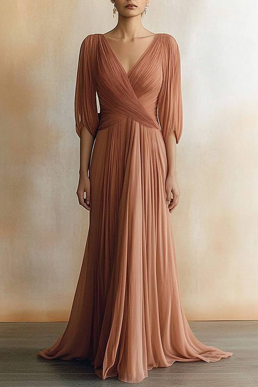 Elegant Evening Dress Cross Neck Puff Sleeve Draped Pleated Maxi Dress