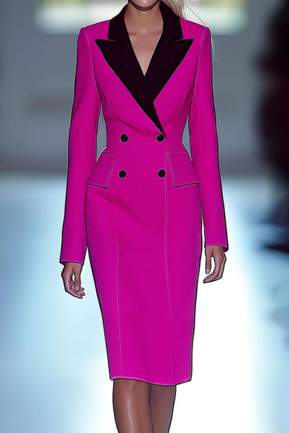 Work Business Dress Long Sleeve Collared Color Block Midi Dress