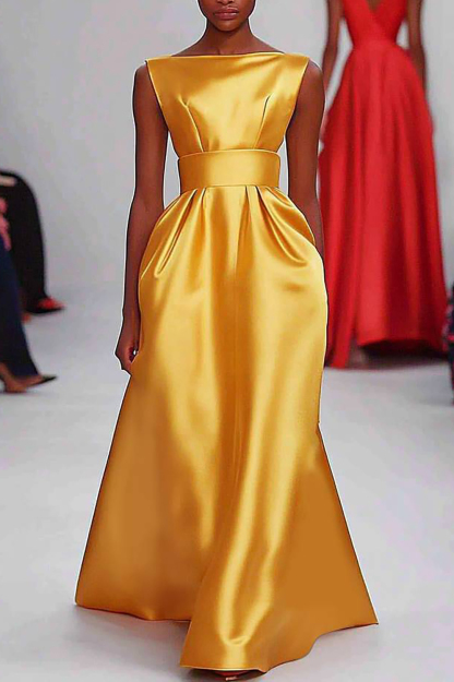 Formal Evening Gold Gown Satin Sabrina Neck Sleeveless Floor-length Dress