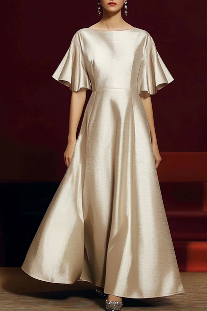 Formal Evening Beige Gown Satin Round Neck Ruffled Sleeve Maxi Dress