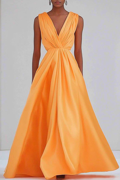 Formal Orange Evening Gown Pleated Sleeveless V-neck Maxi Dress
