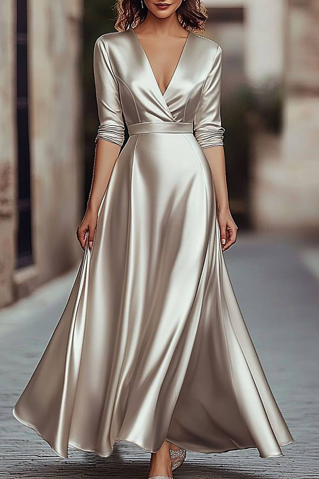 Elegant Formal Satin Dress Deep V Neck Light Gray Maxi Dress