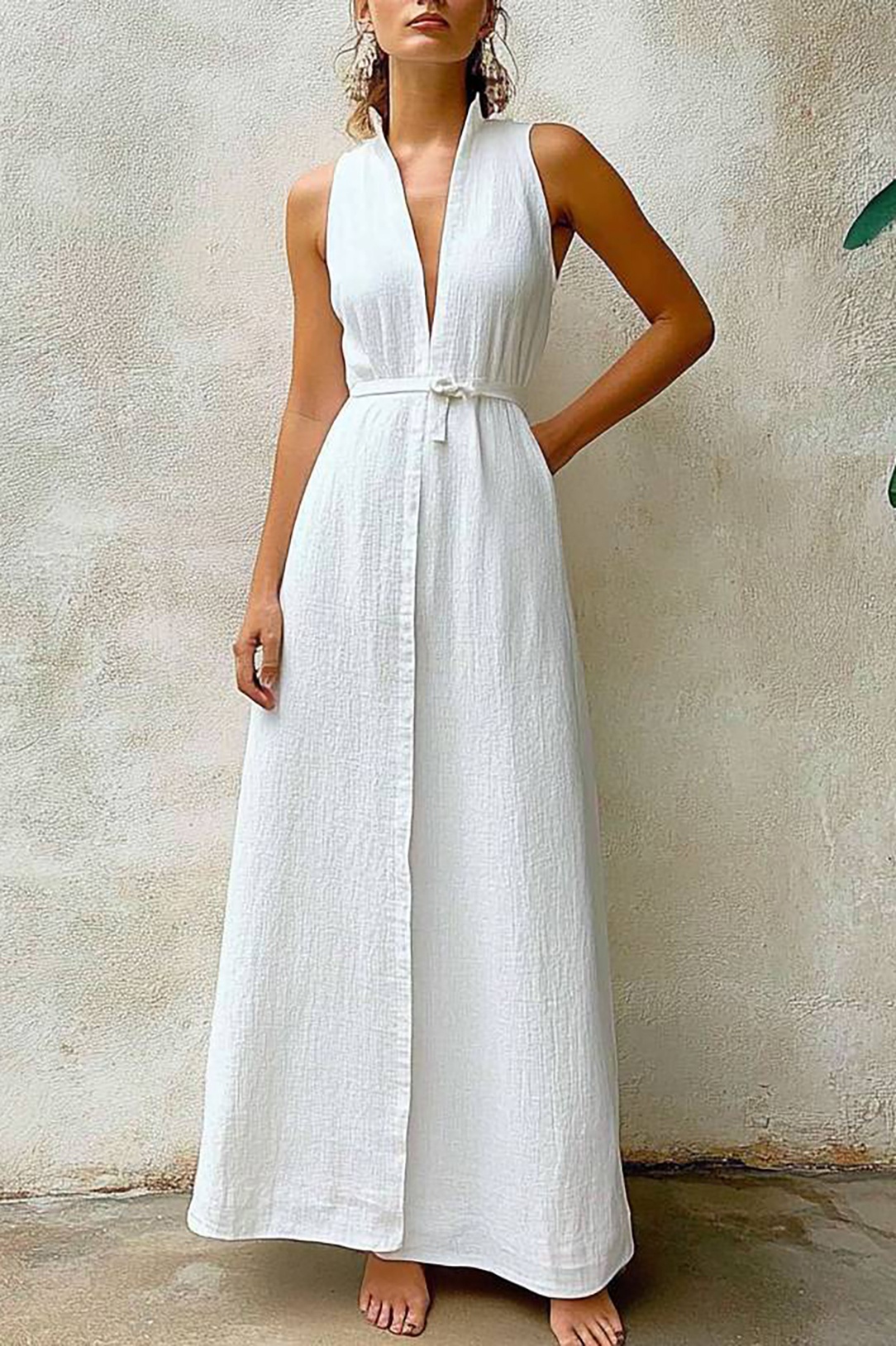 Casual Linen Dress White Sleeveless Deep V with Pockets Maxi Dress