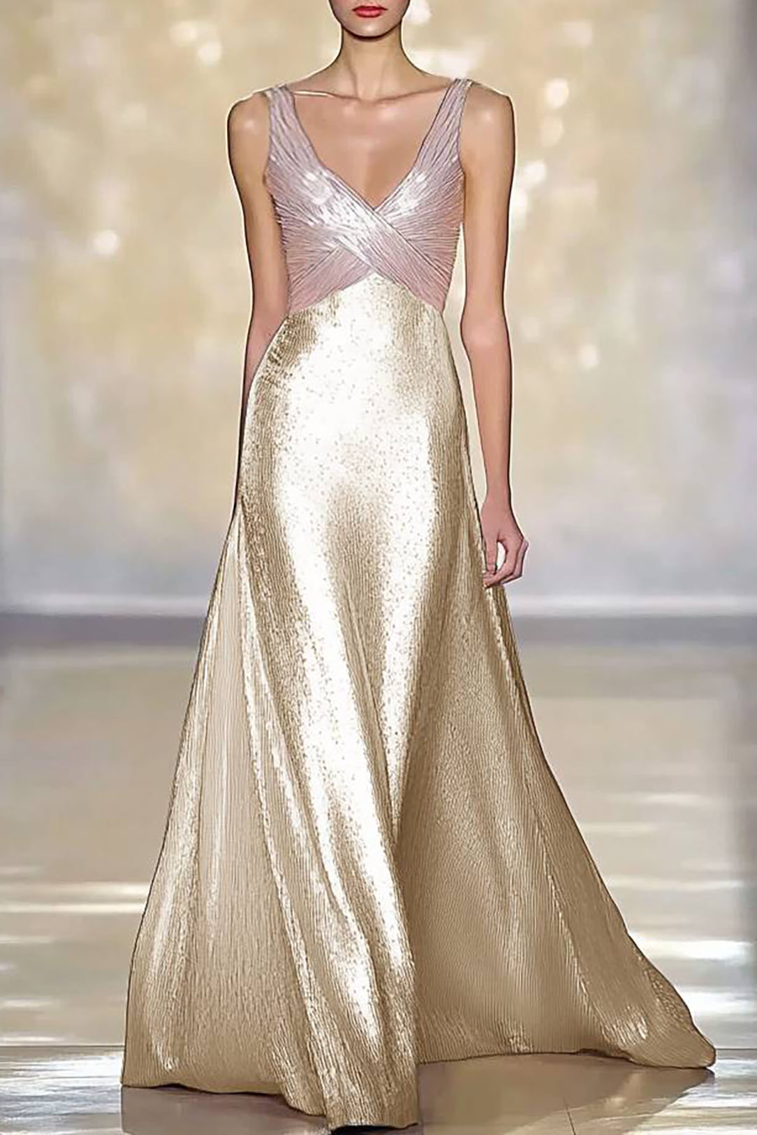 Evening Elegant Sequin Dress Pink Gold Color Block Sleeveless V-neck Floor-length Dress