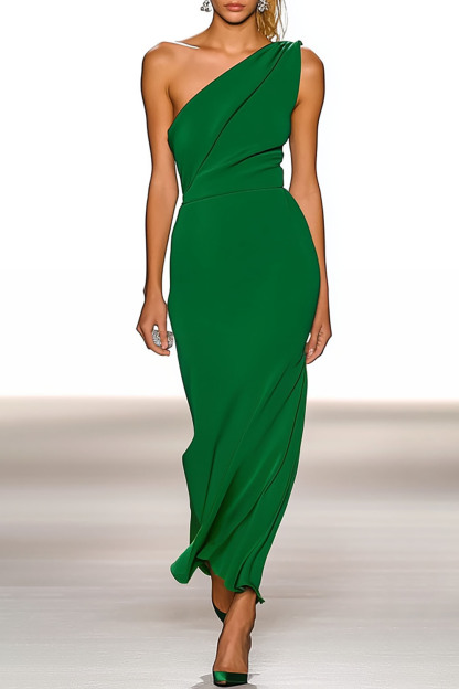 Party Cocktail Dress Green One-shoulder Midi Dress