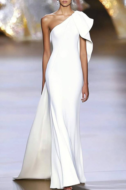 Formal Evening White Dress One-shoulder Cape Maxi Dress