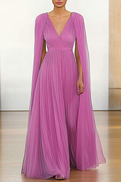 Formal Evening Dress Tulle Deep V Pleated Light Purple Cape Maxi Dress