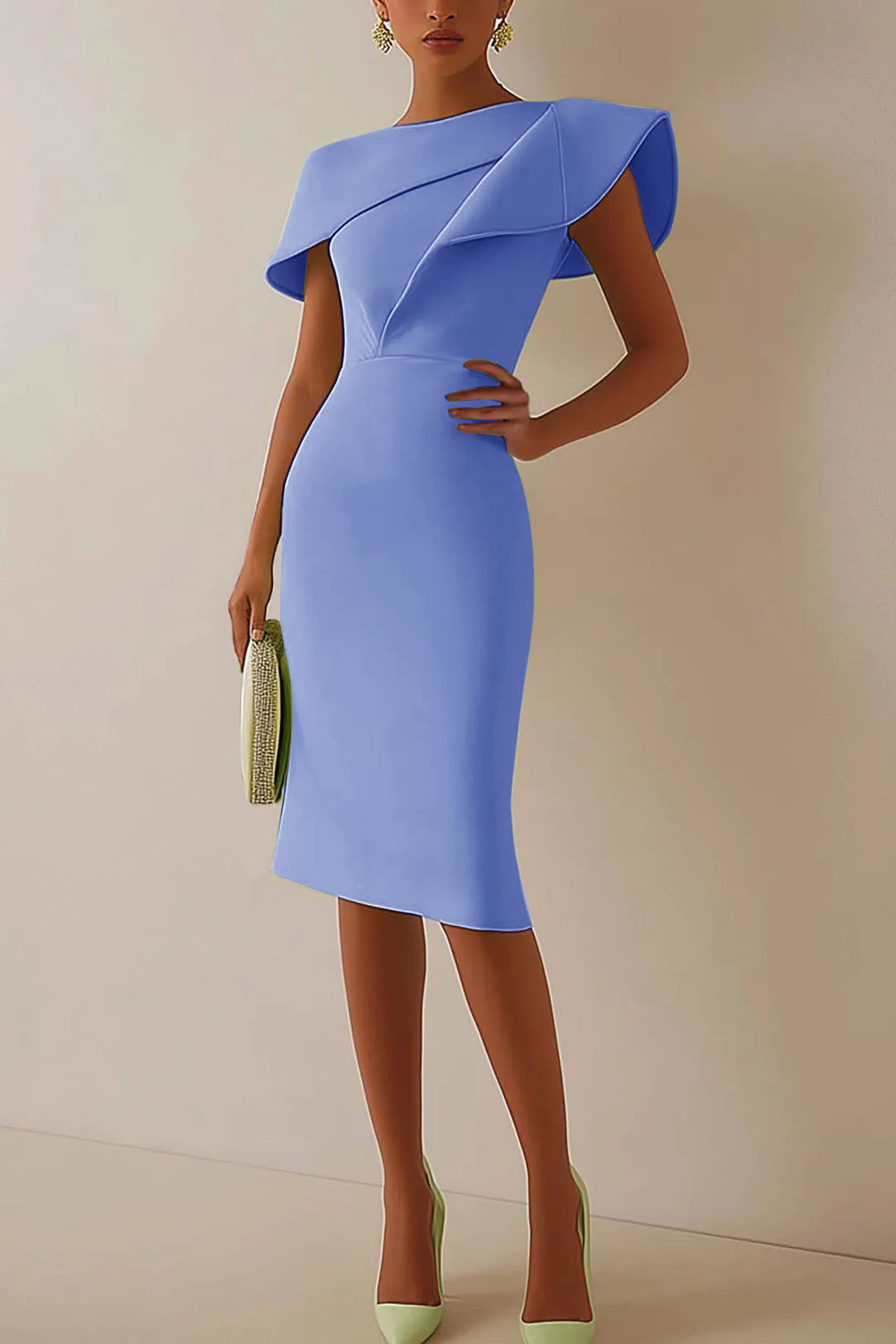 Daily Sage Green Dress Lotus Leaf Sleeve Asymmetrical Layered Bodycon Midi Dress